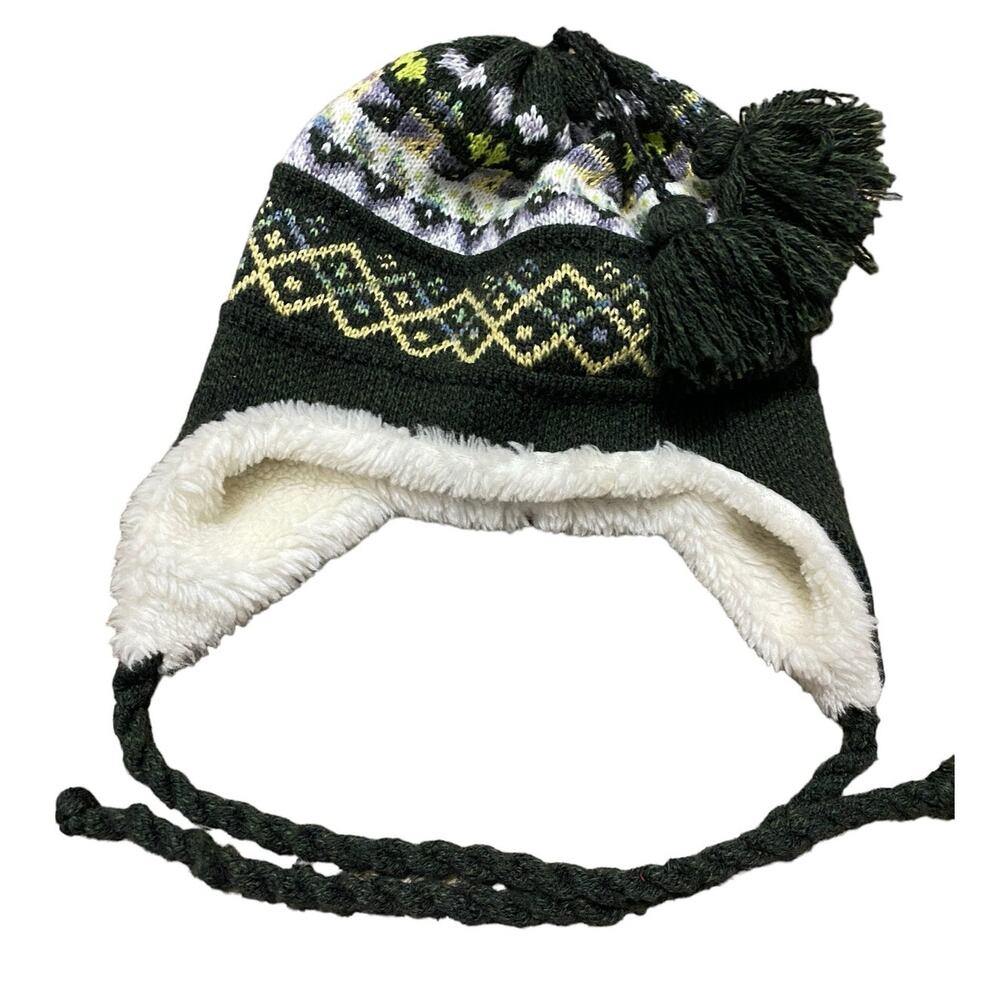 McBurn German Winter Beanie Boys Green Cream Wool Tassals Ear Covers Knit Hat